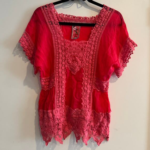 Johnny Was Georgette Top Pink Square Neck Embroidered Short Sleeve Sz XS - Picture 1 of 4
